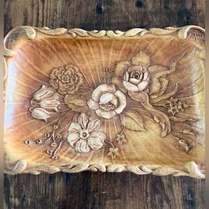 Vintage 1944 Hand Carved Faux Wood Floral Tray